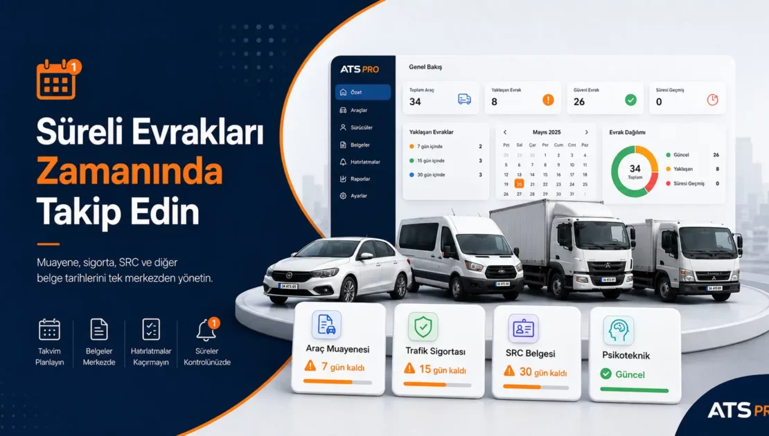 ATS PRO filo yönetiminde araç muayene, sigorta, SRC ve süreli evrak takibi