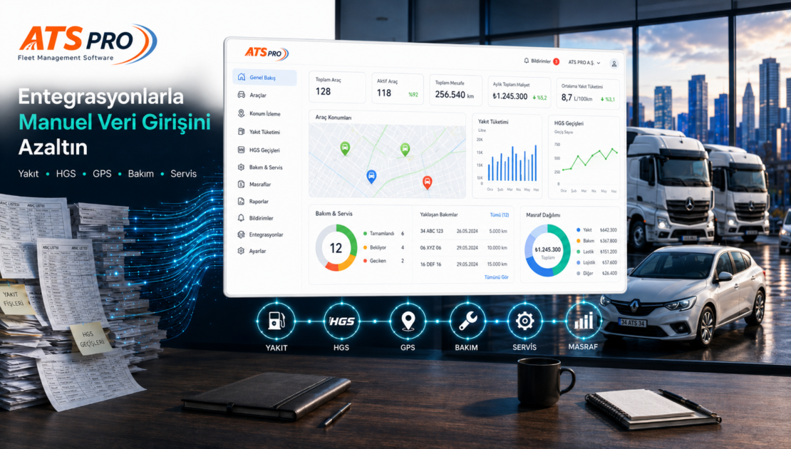 ATS PRO filo yönetimi entegrasyonu ekranı ile yakıt, HGS, GPS, bakım, servis ve masraf verilerinin tek ekranda yönetilmesi