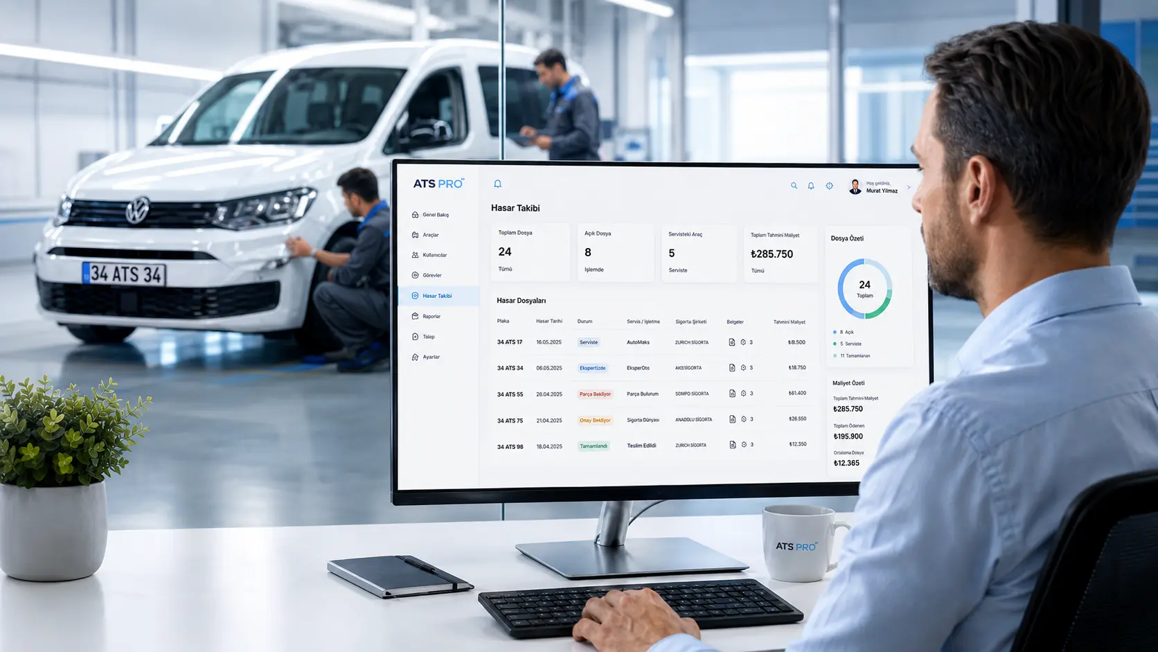 ATS PRO Hasar Takibi ekranında araç hasar dosyalarını, sigorta süreçlerini ve servis durumlarını yöneten filo yöneticisi