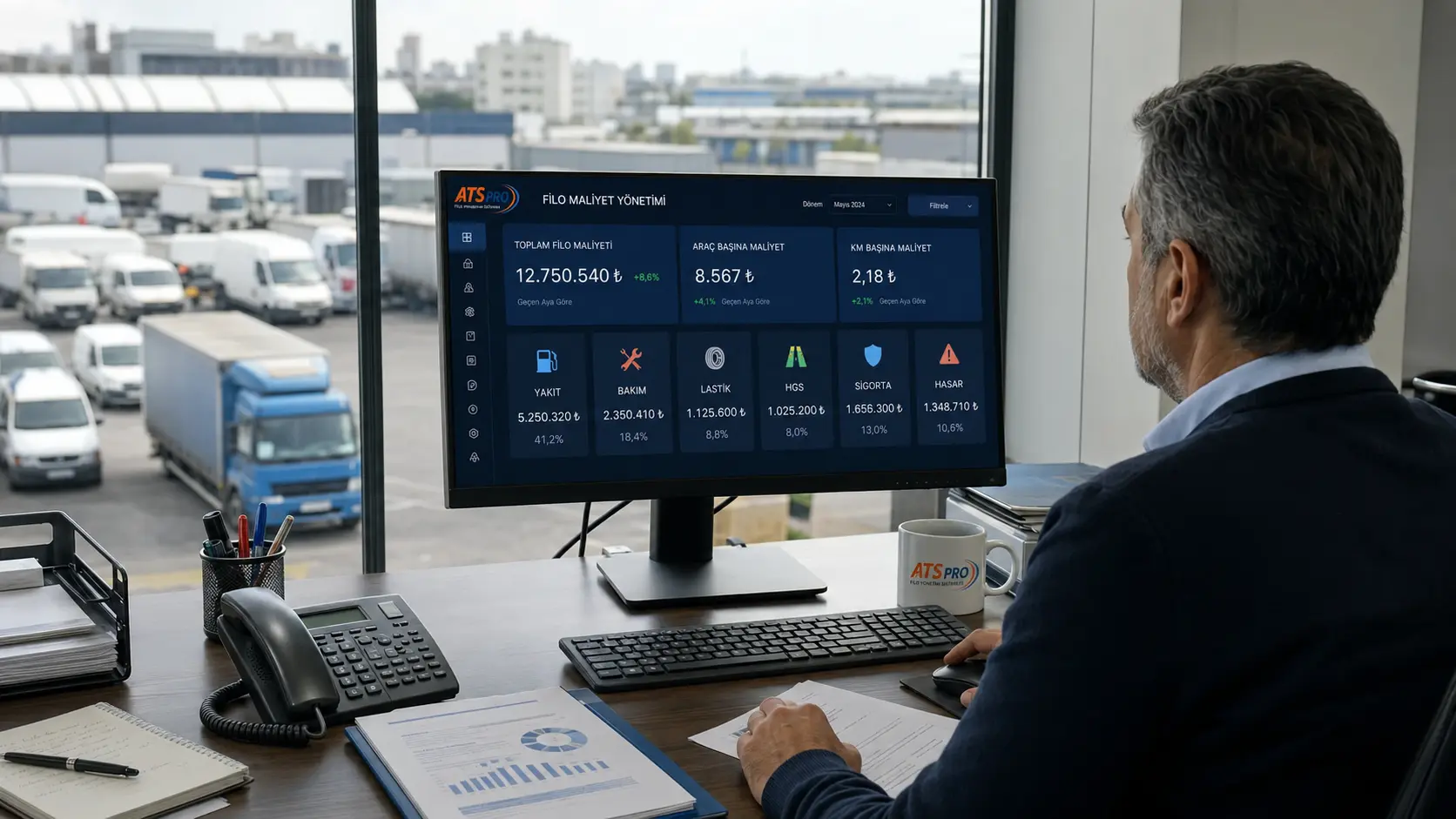 ATS PRO filo maliyet yönetimi ekranında toplam filo, araç ve kilometre başına maliyet analizi