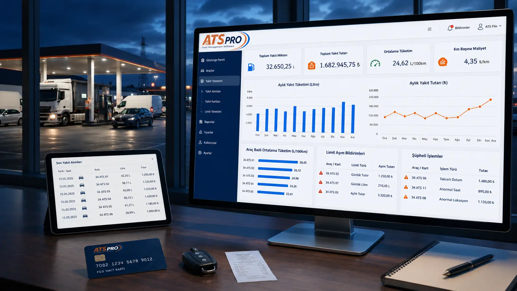 ATS PRO filo yakıt takip programı tüketim ve maliyet analiz ekranı