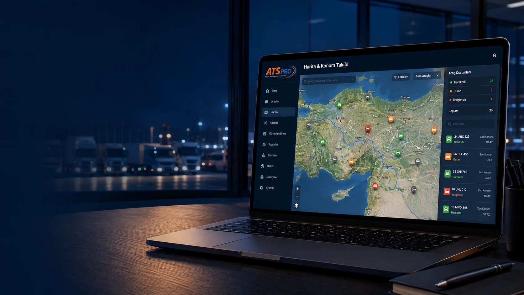 ATS PRO harita ve konum takibi ekranında araç konumları ve durumları