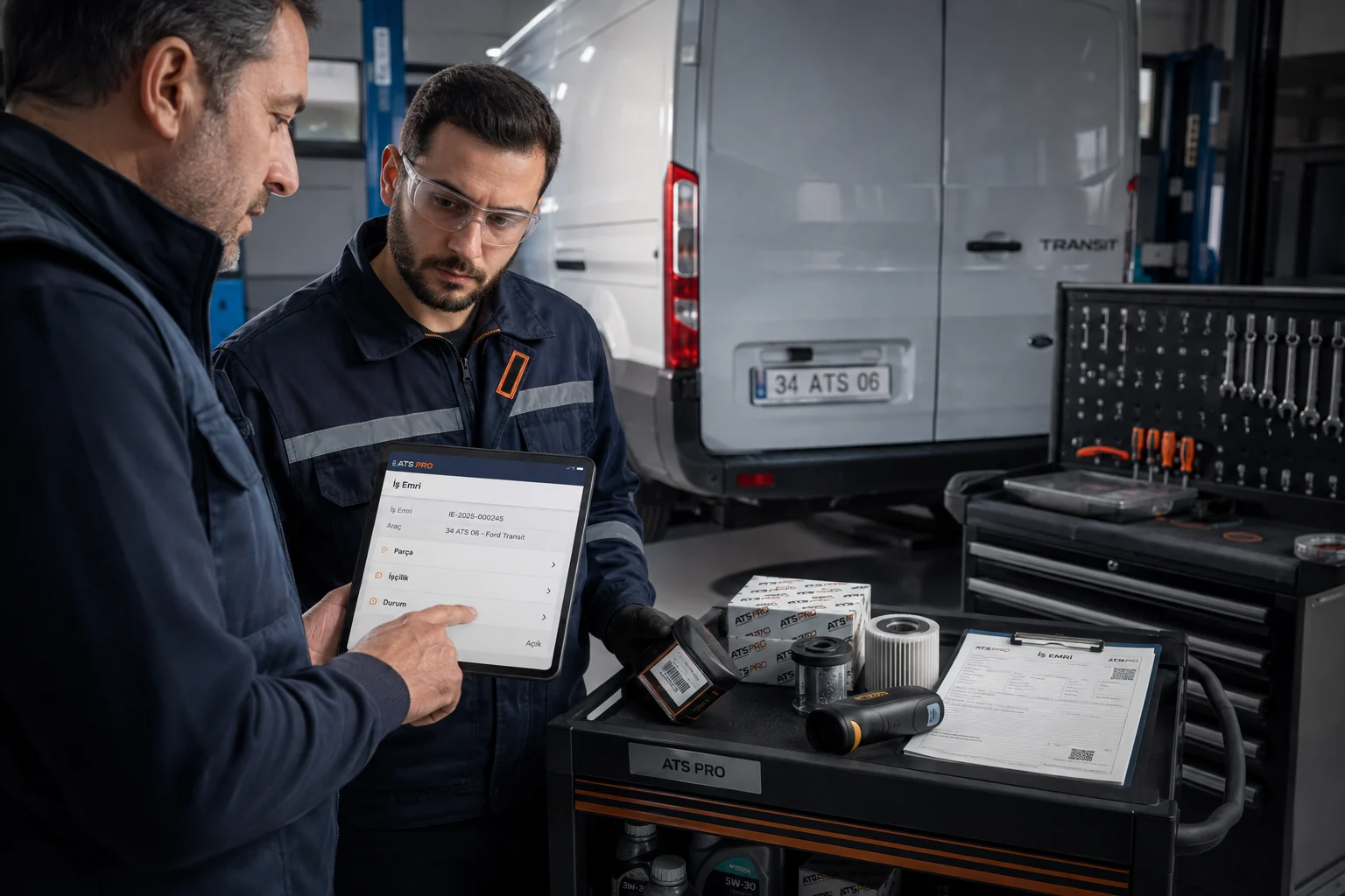 ATS PRO kademe iş emrinde teknisyen, yedek parça ve işçilik kaydı