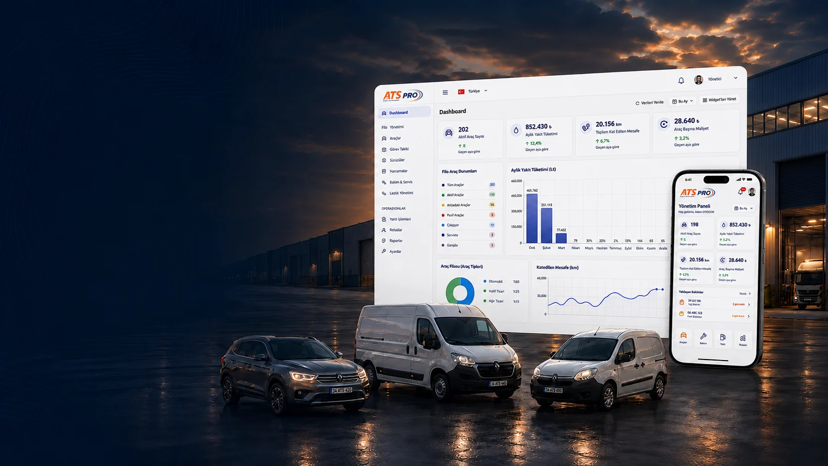 ATS PRO kurumsal filo yönetimi yazılımı web dashboard ve mobil uygulama ekranları ile filo araçları