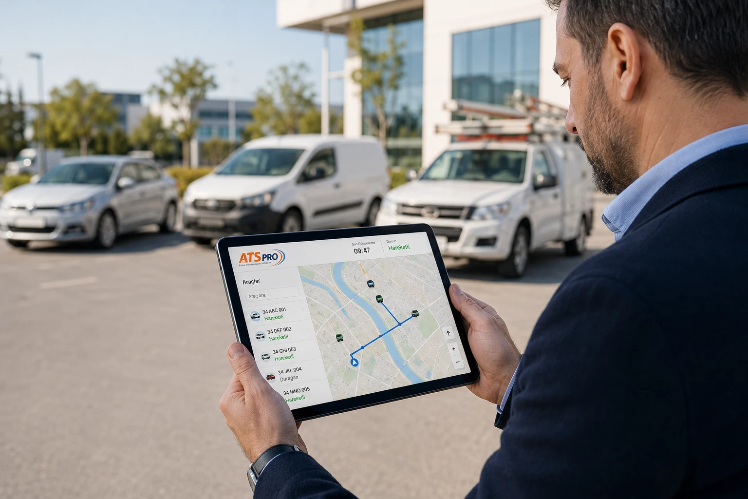 Filo yöneticisi tablette ATS PRO araç konumu ve rota haritasını kontrol ediyor