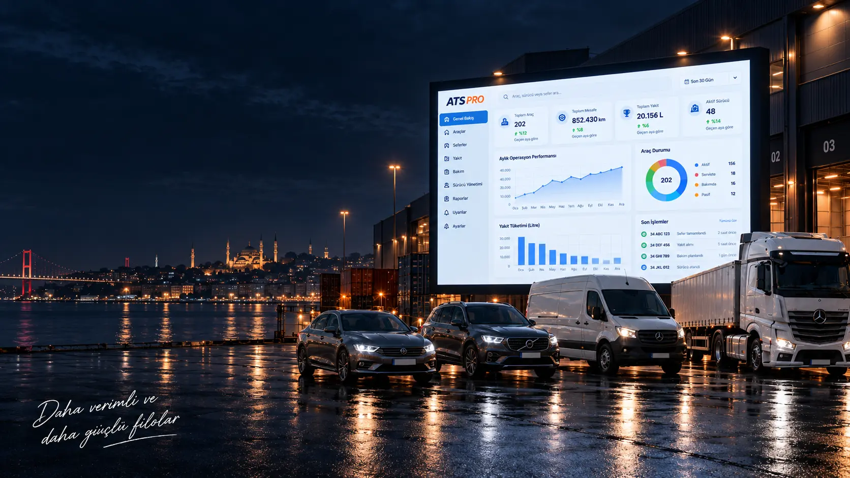 ATS PRO kurumsal filo yönetimi yazılımı web dashboard ve mobil uygulama ekranları ile filo araçları
