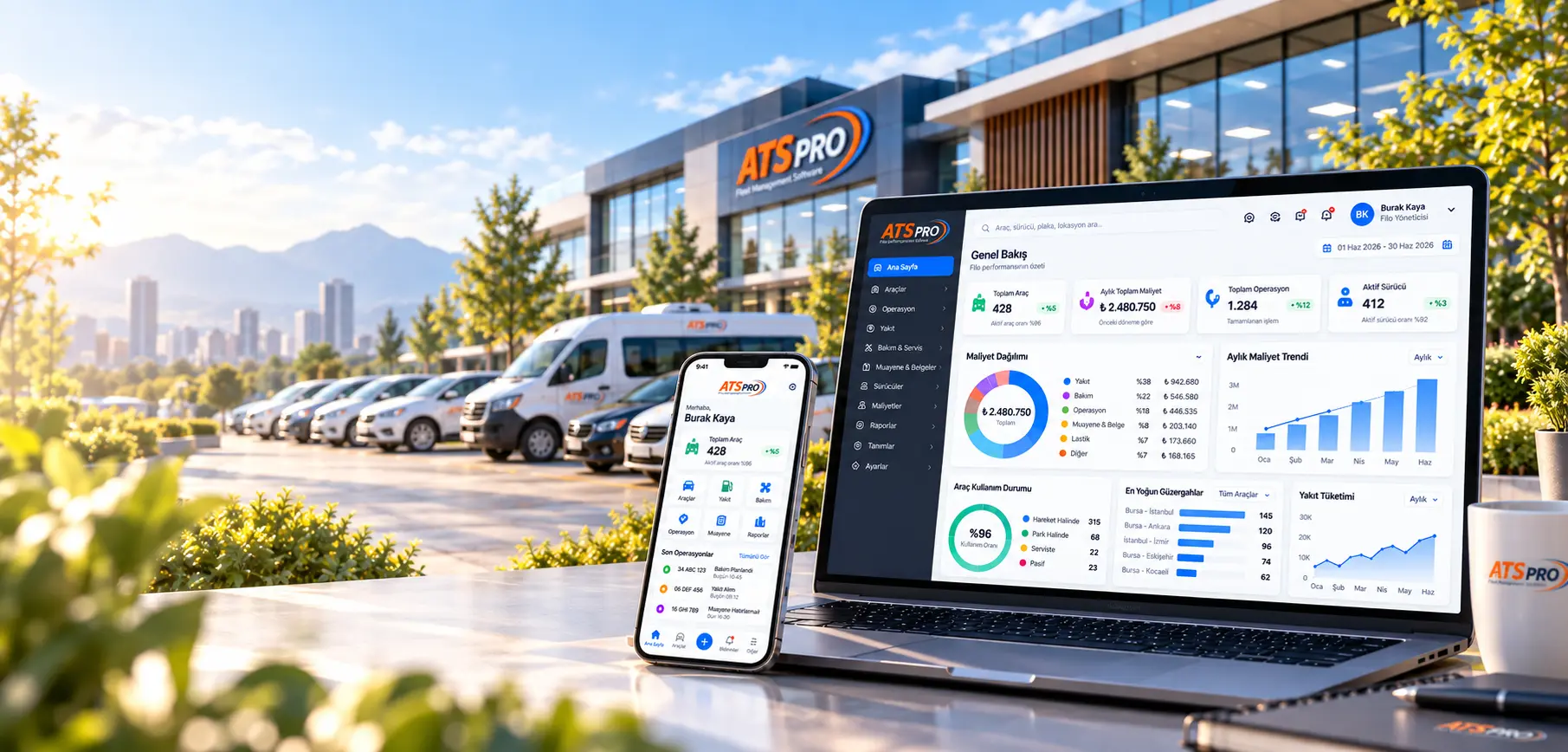 ATS PRO kurumsal filo yönetimi yazılımı; web dashboard, mobil uygulama ve araç filosu