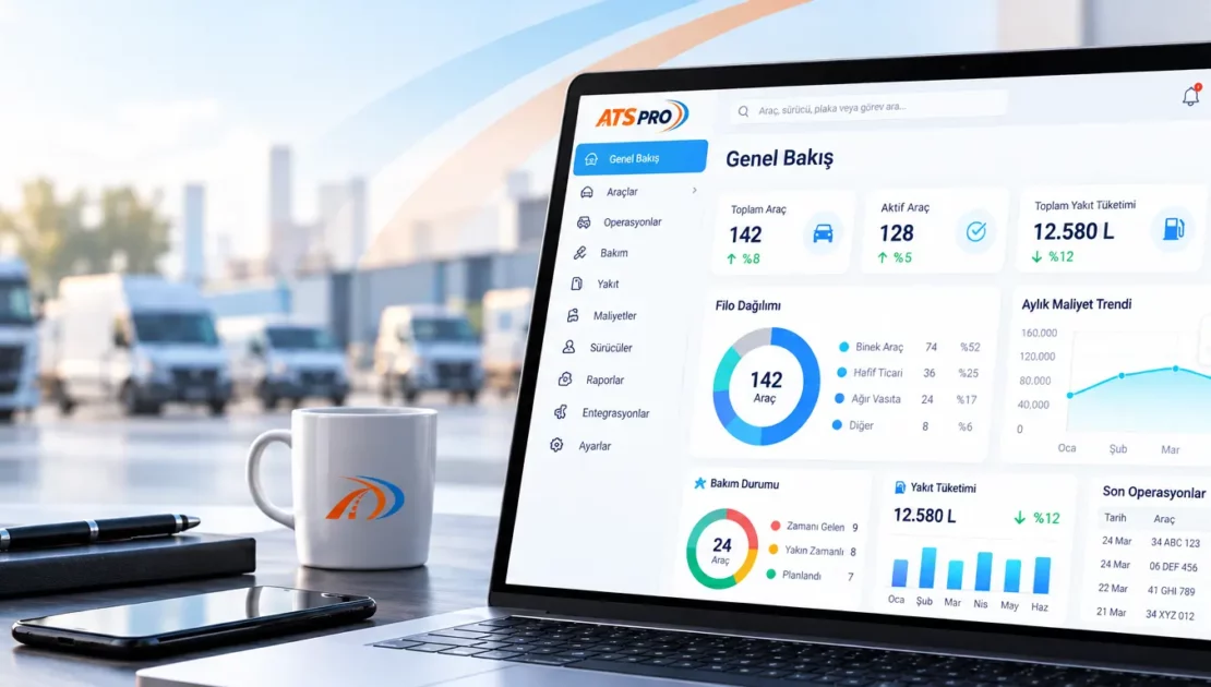 ATS PRO filo yönetim yazılımı, araç bakım, yakıt, maliyet ve operasyon analizlerini gösteren yönetim paneli